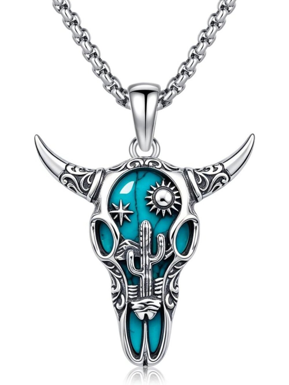 Sterling Silver Horseshoe Cross Pendant Necklace with Turquoise Bull Skull